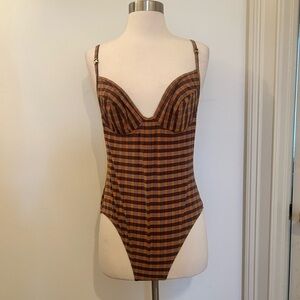 Vintage Rasurel Brown/Orange Plaid Open Back One Piece